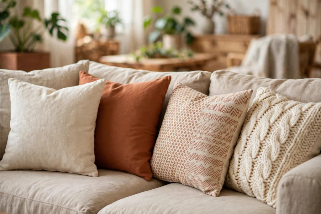 Sofa refreshed with coordinated cream, terracotta and patterned pillow covers