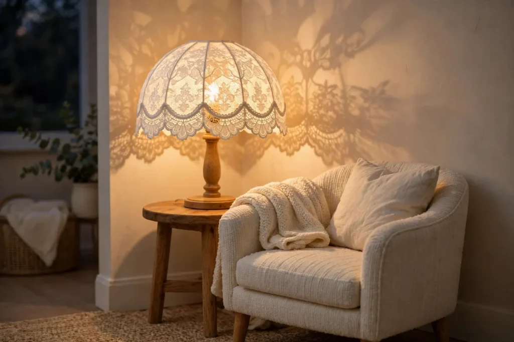 Scalloped white lace lampshade glowing warm in a cozy evening corner