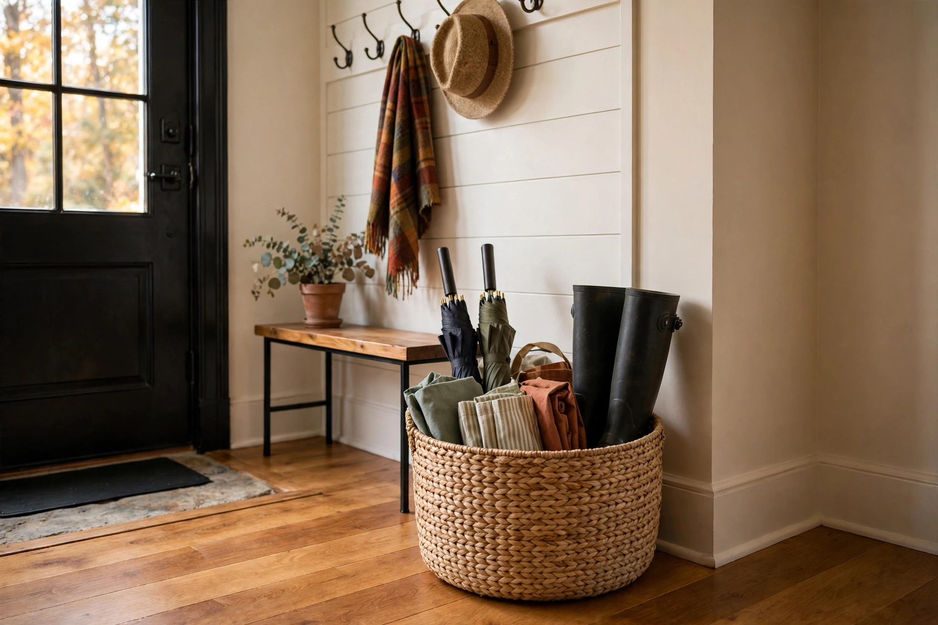 Large woven basket by the front door holding boots, umbrellas and bags
