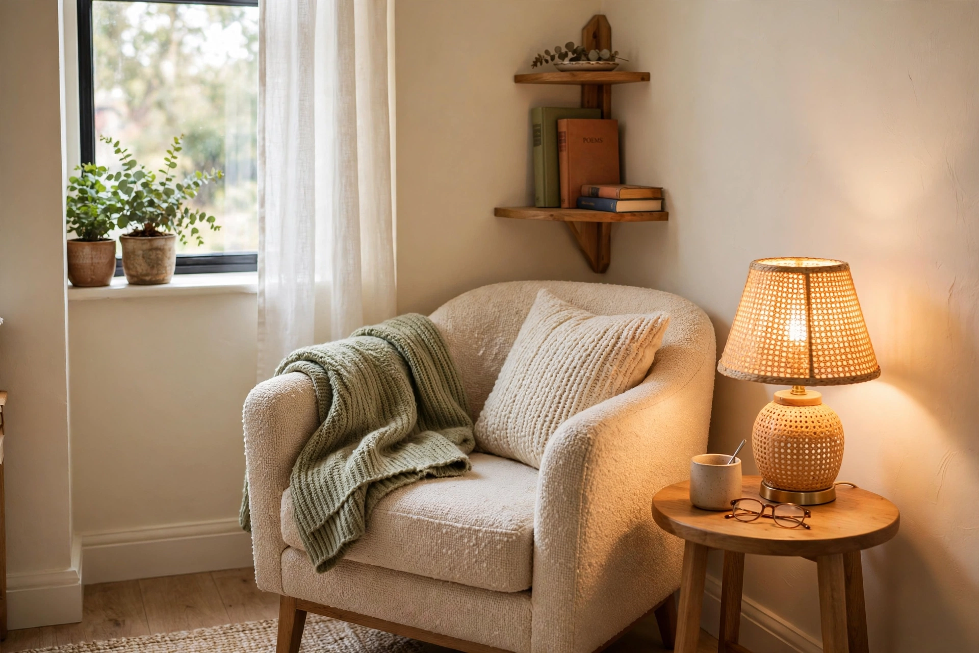 Corner reading nook with an armchair, small lamp table and corner shelf of books
