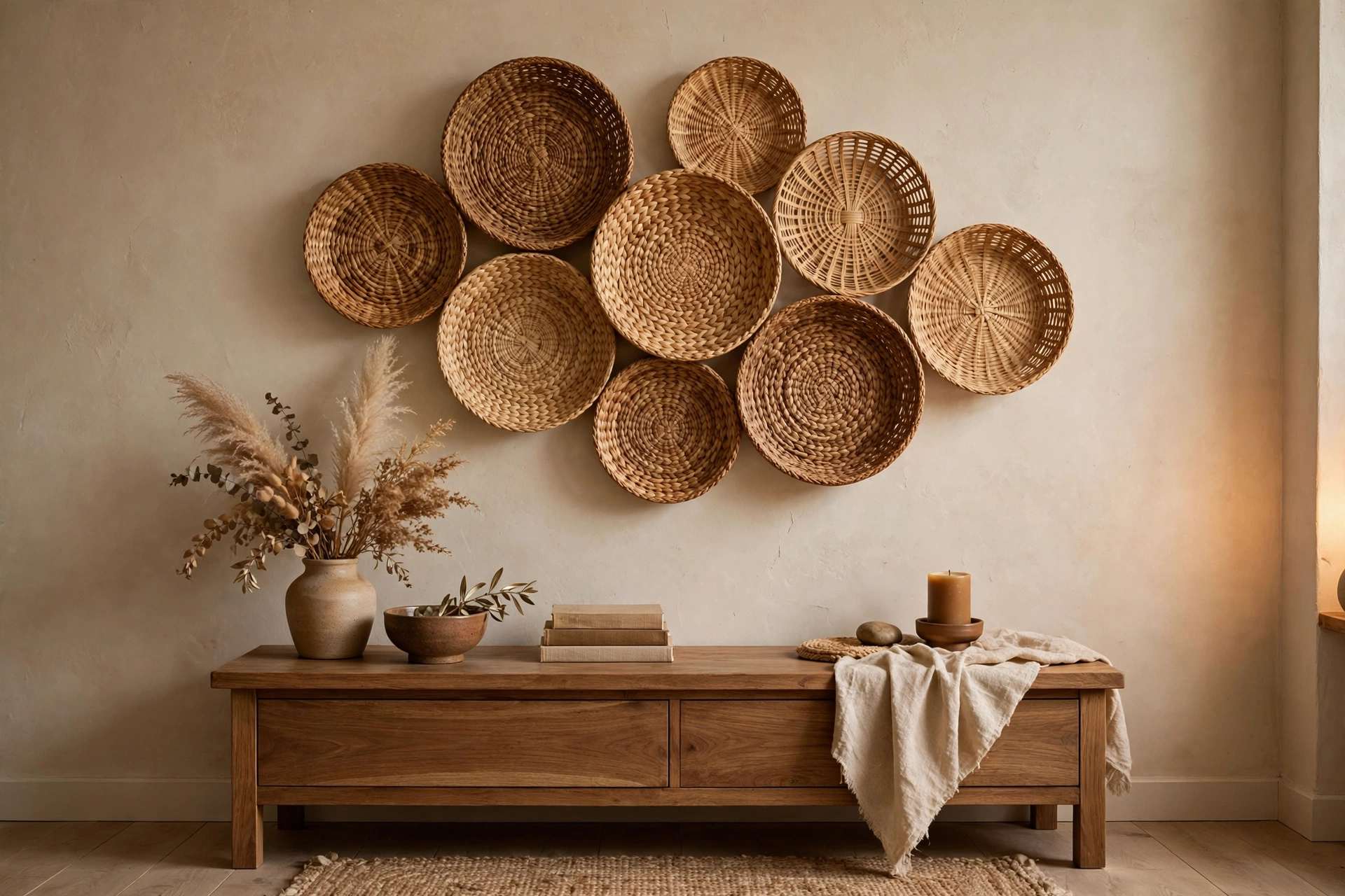Clustered arrangement of round woven seagrass baskets above a wooden console table