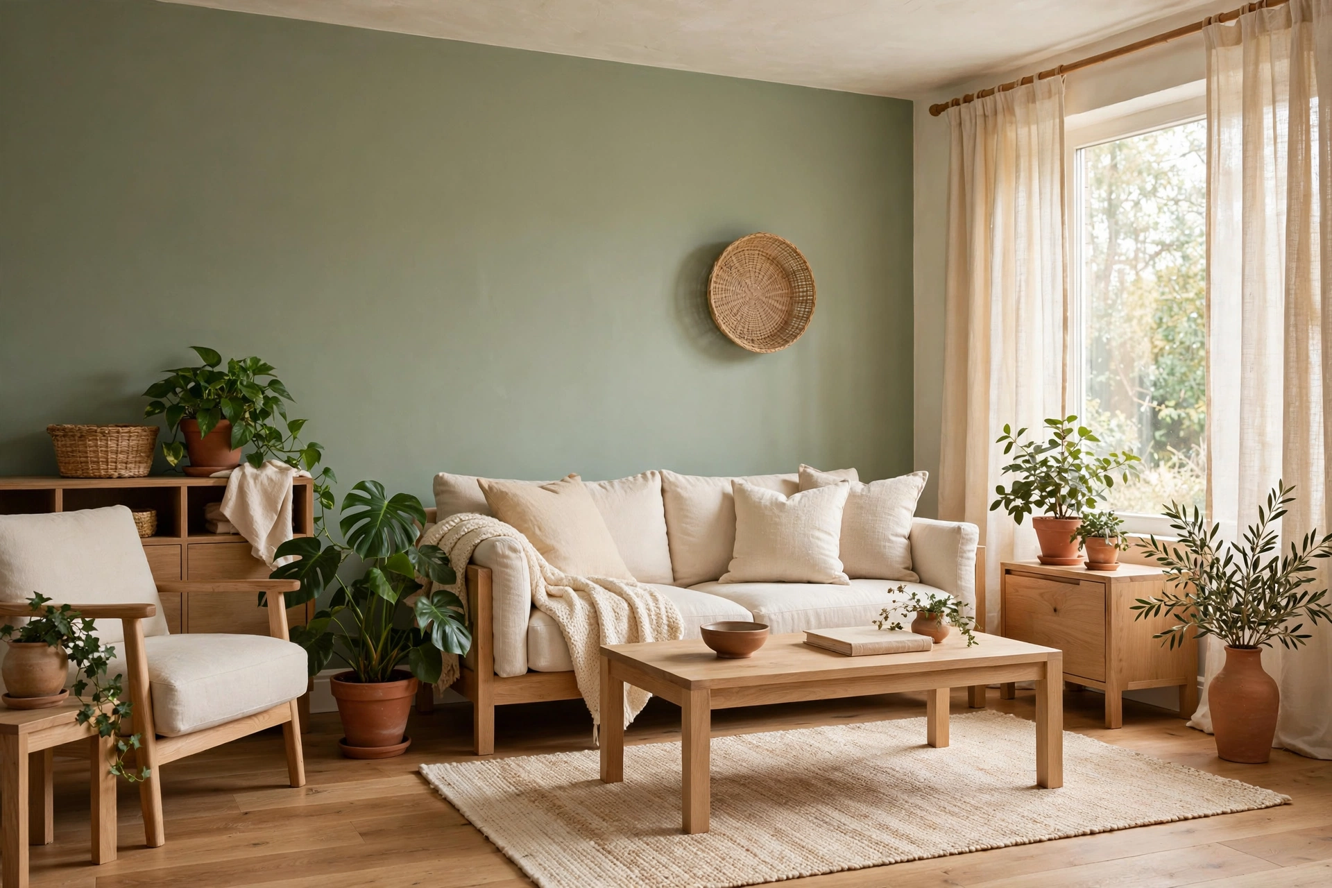 Living room with sage green accent wall, leafy plants and natural wood furniture