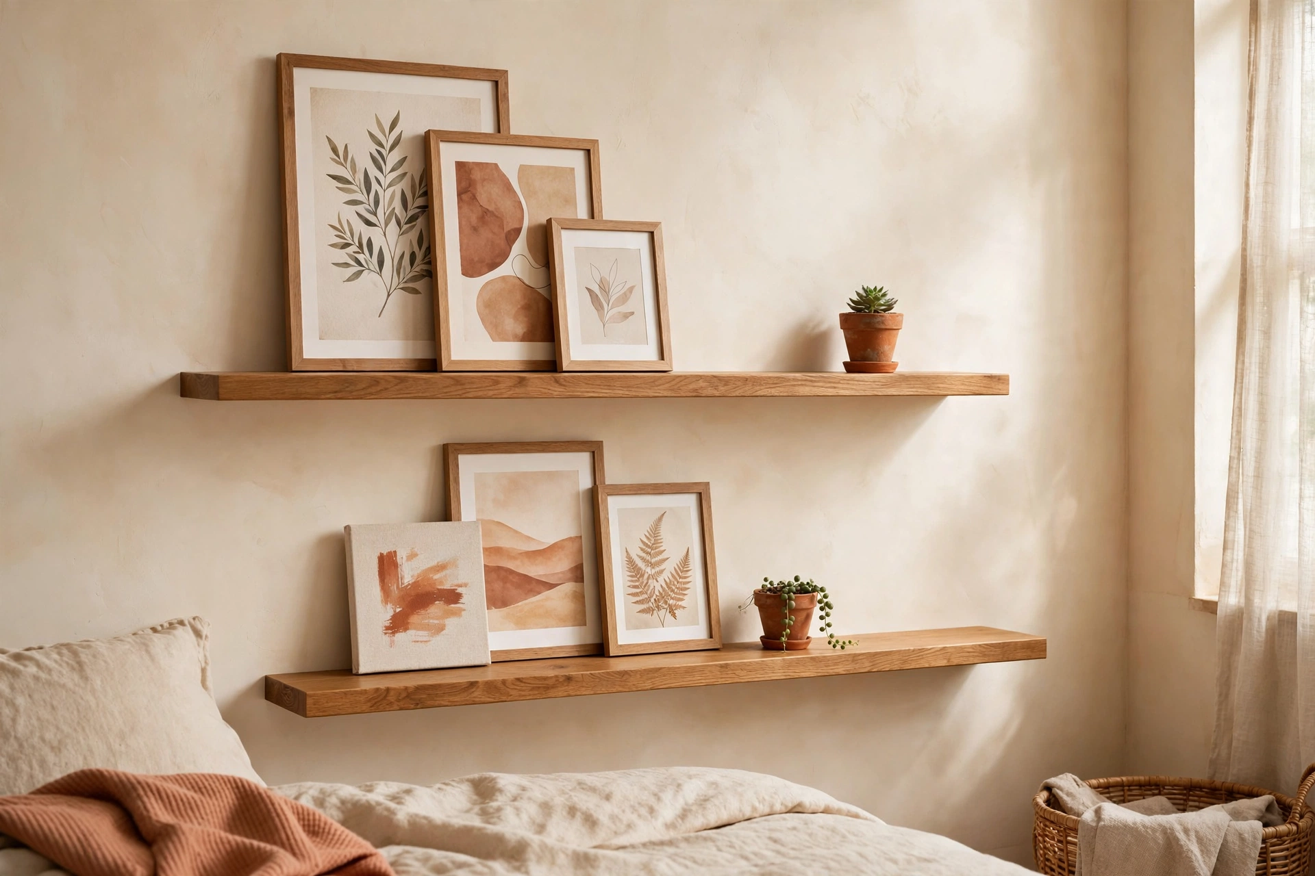 Wooden floating photo ledges holding layered framed art prints