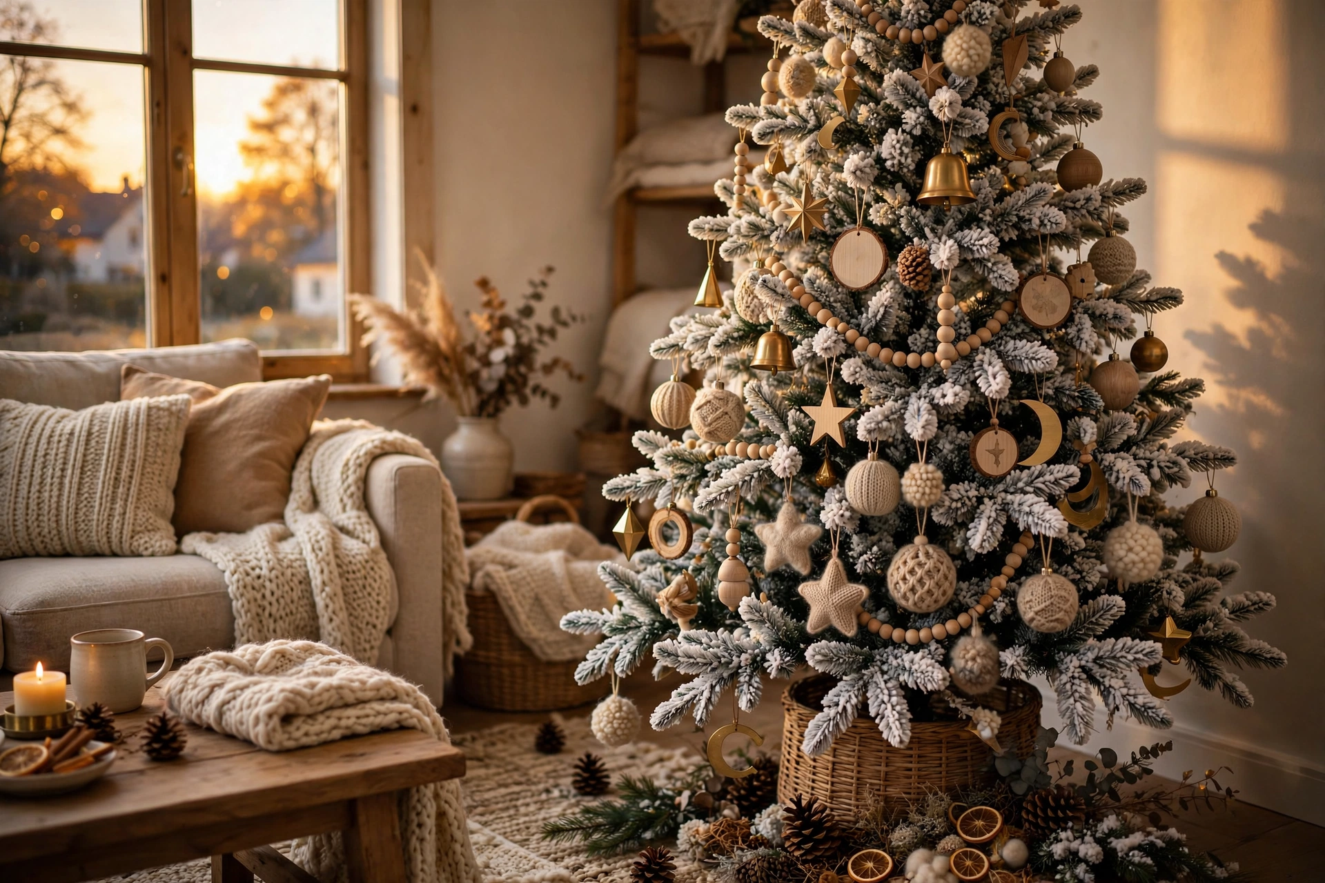 Flocked white snowy Christmas tree with wood, wool and brass ornaments