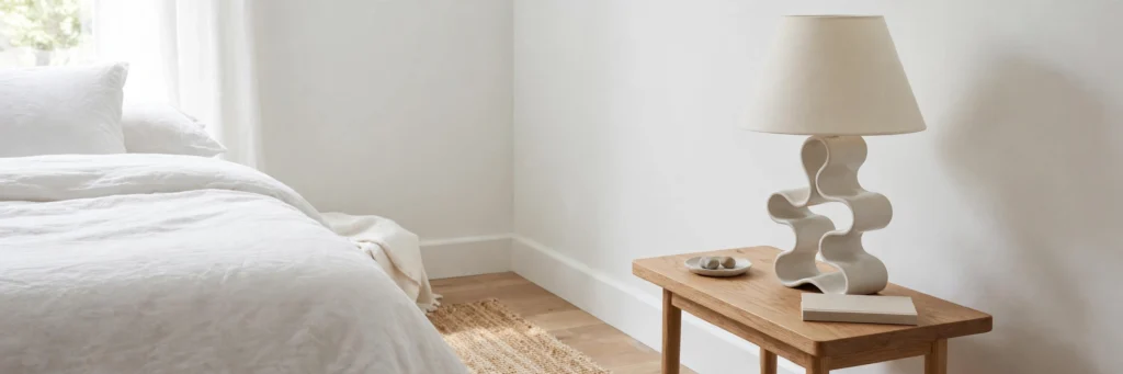 Neutral bedroom corner with one playful shaped lamp on a bedside table.