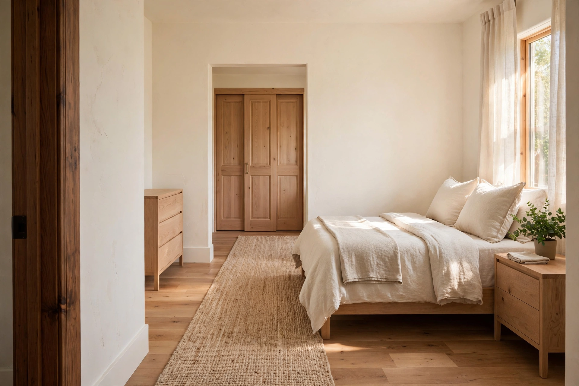 Clear wide walkway from the door to the closet in a small bedroom layout