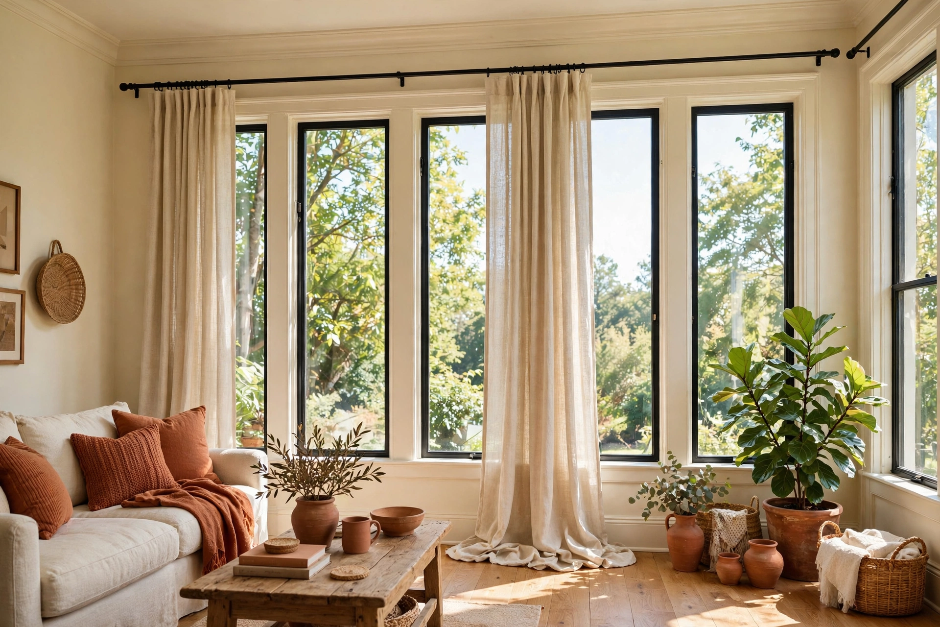 Linen curtains hung near the ceiling on a wide rod, falling to the floor in a bright living room