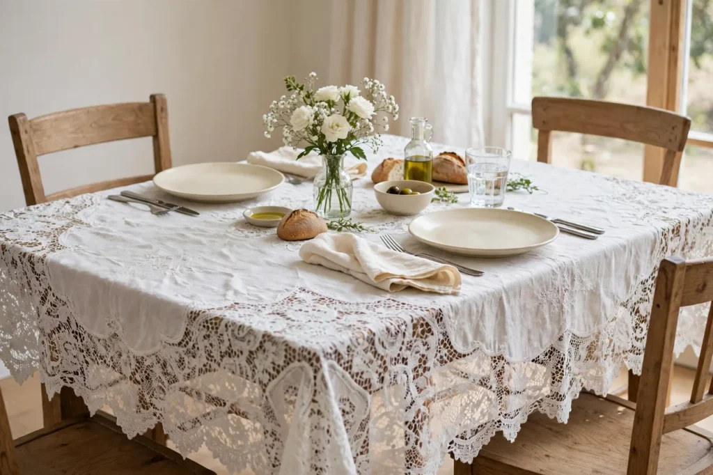 Dining table set for lunch with a white lace tablecloth