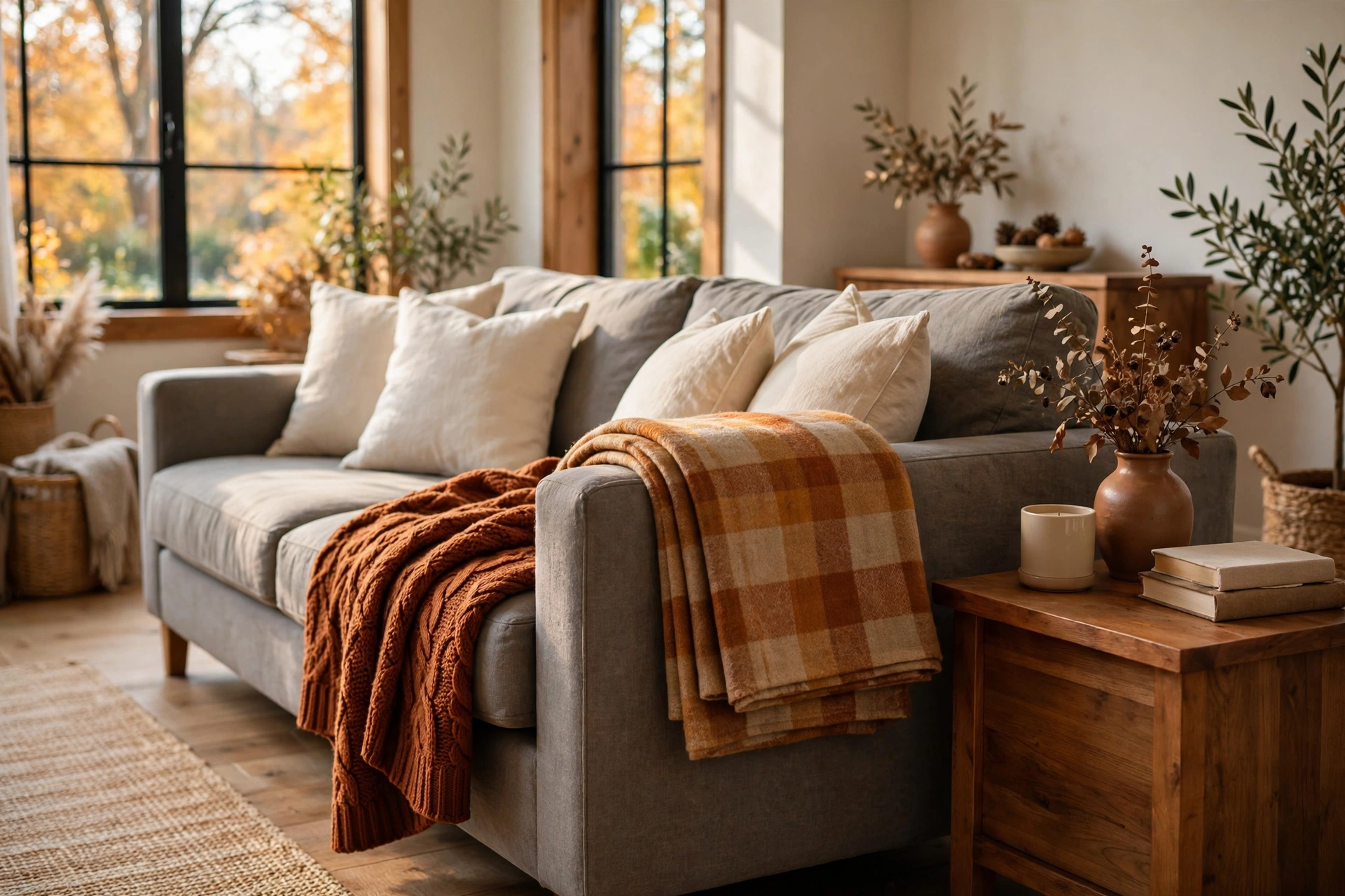 Sofa with a chunky rust knit throw and a plaid flannel throw draped over the arm