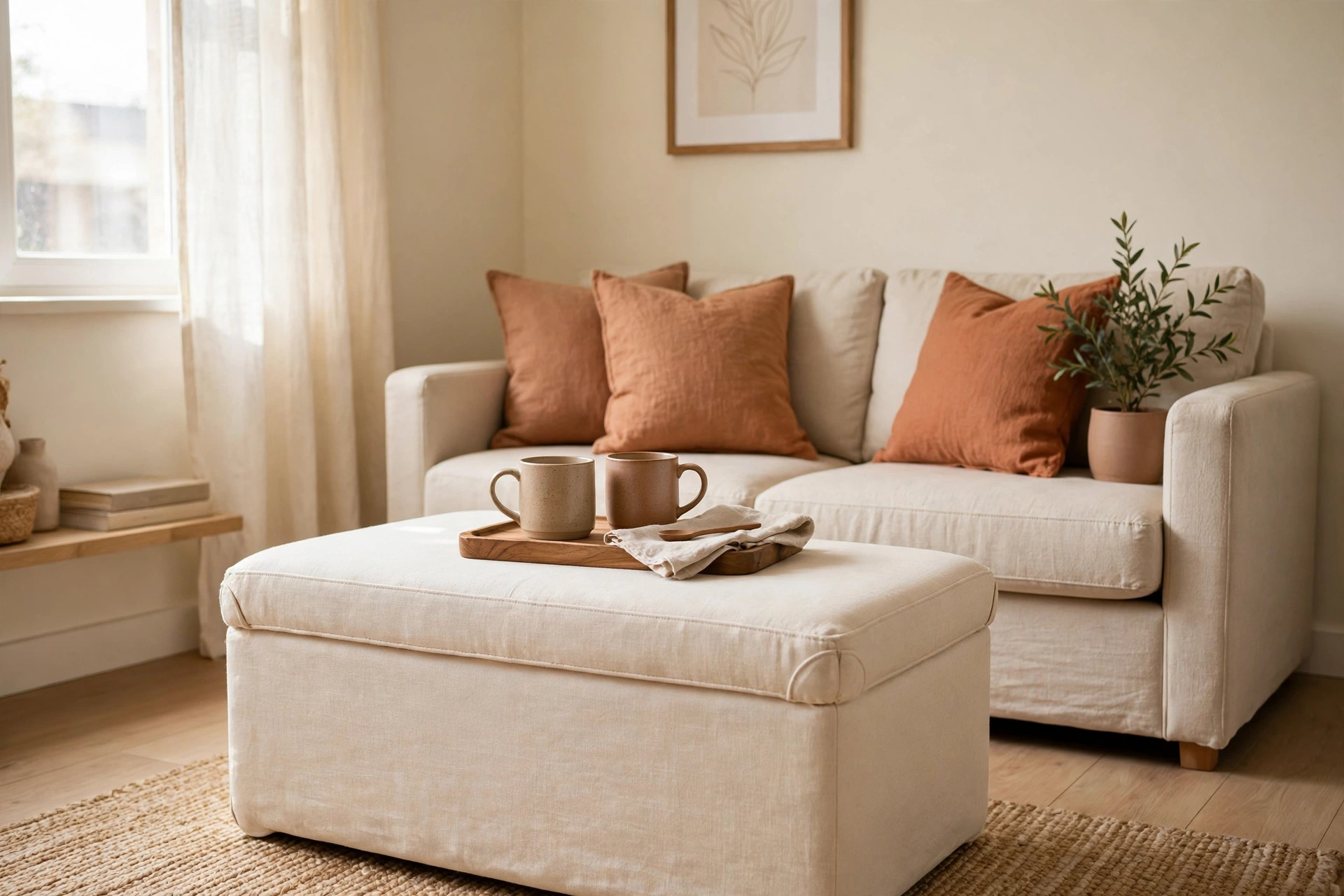 Upholstered storage ottoman used as a coffee table with a wooden tray and mugs on top