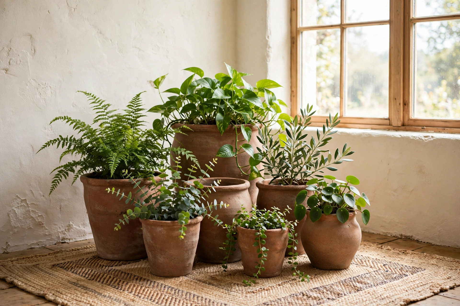 Handmade terracotta pots with leafy green plants near a bright window