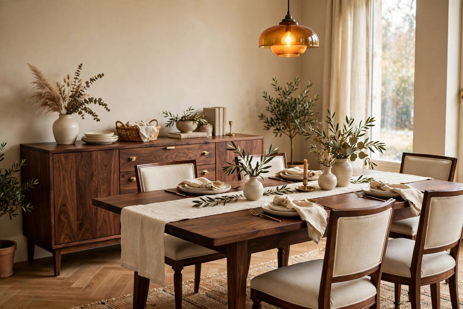 Dining room with dark walnut table and sideboard in warm evening light
