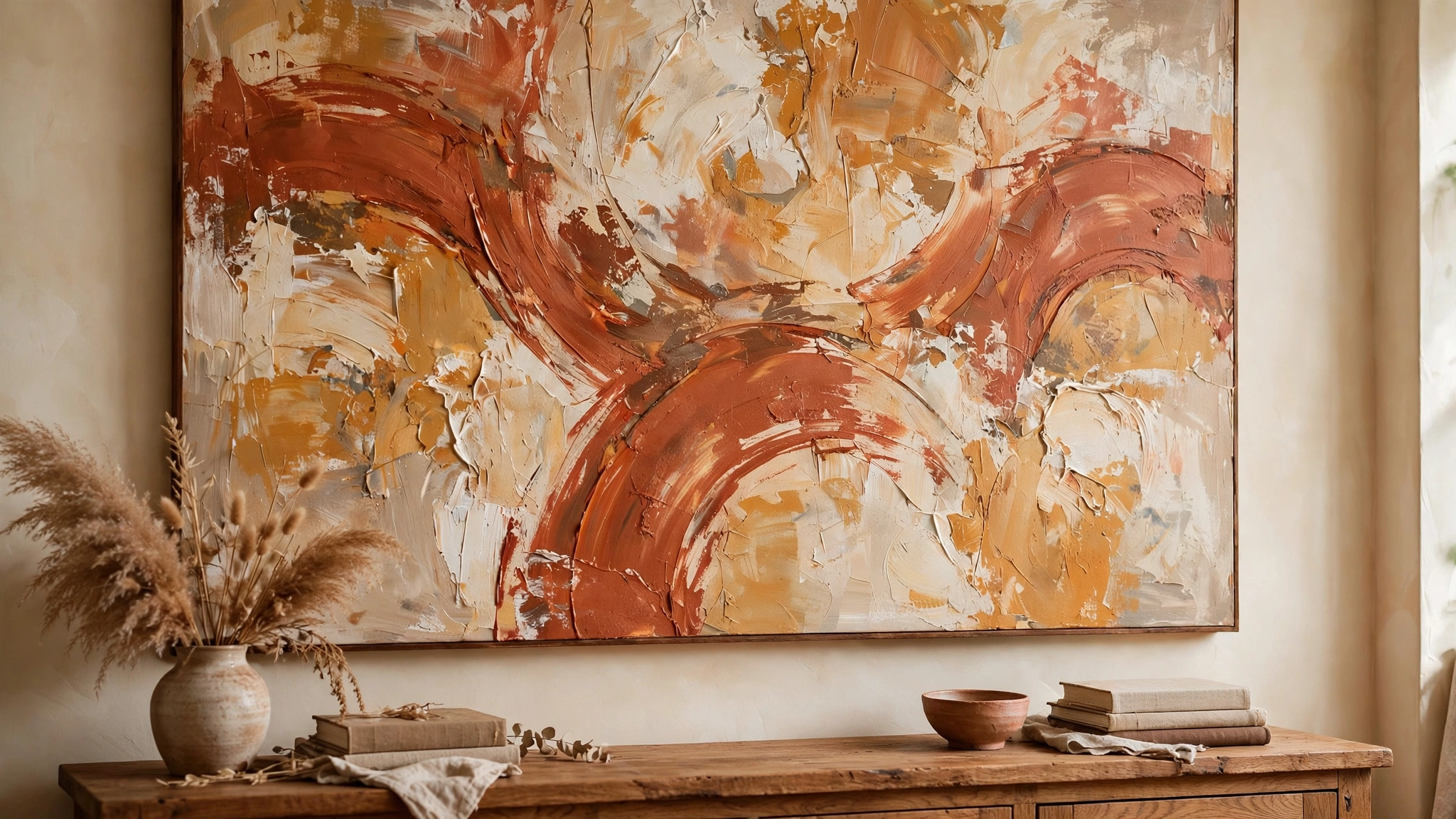 Large abstract canvas painting in warm neutrals above a wooden console table