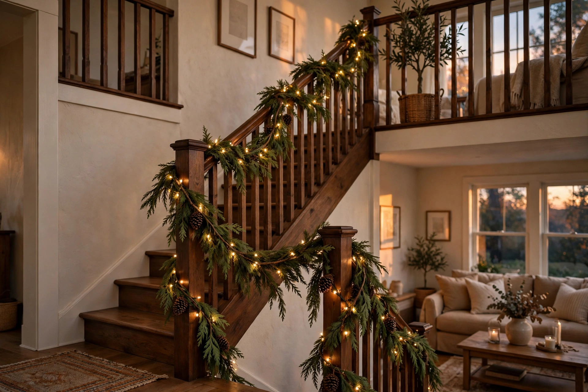 Staircase banister wrapped in cedar garland with warm fairy lights and pinecones