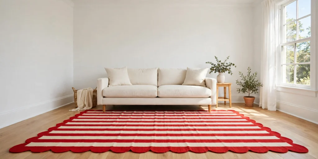 Neutral cream sofa on a bold scalloped and striped rug in a white living room.