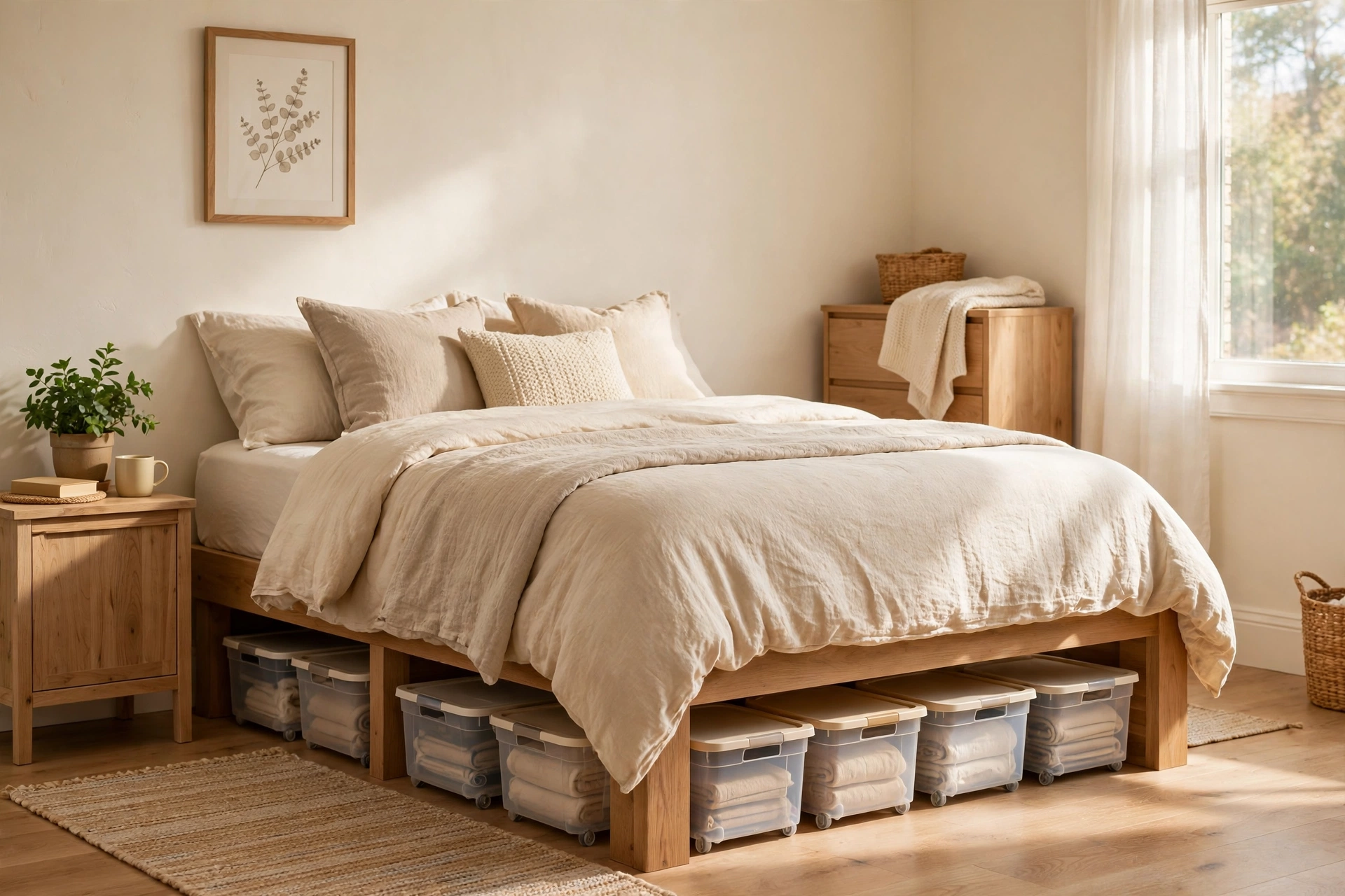 Raised bed with flat rolling storage bins full of folded linens underneath