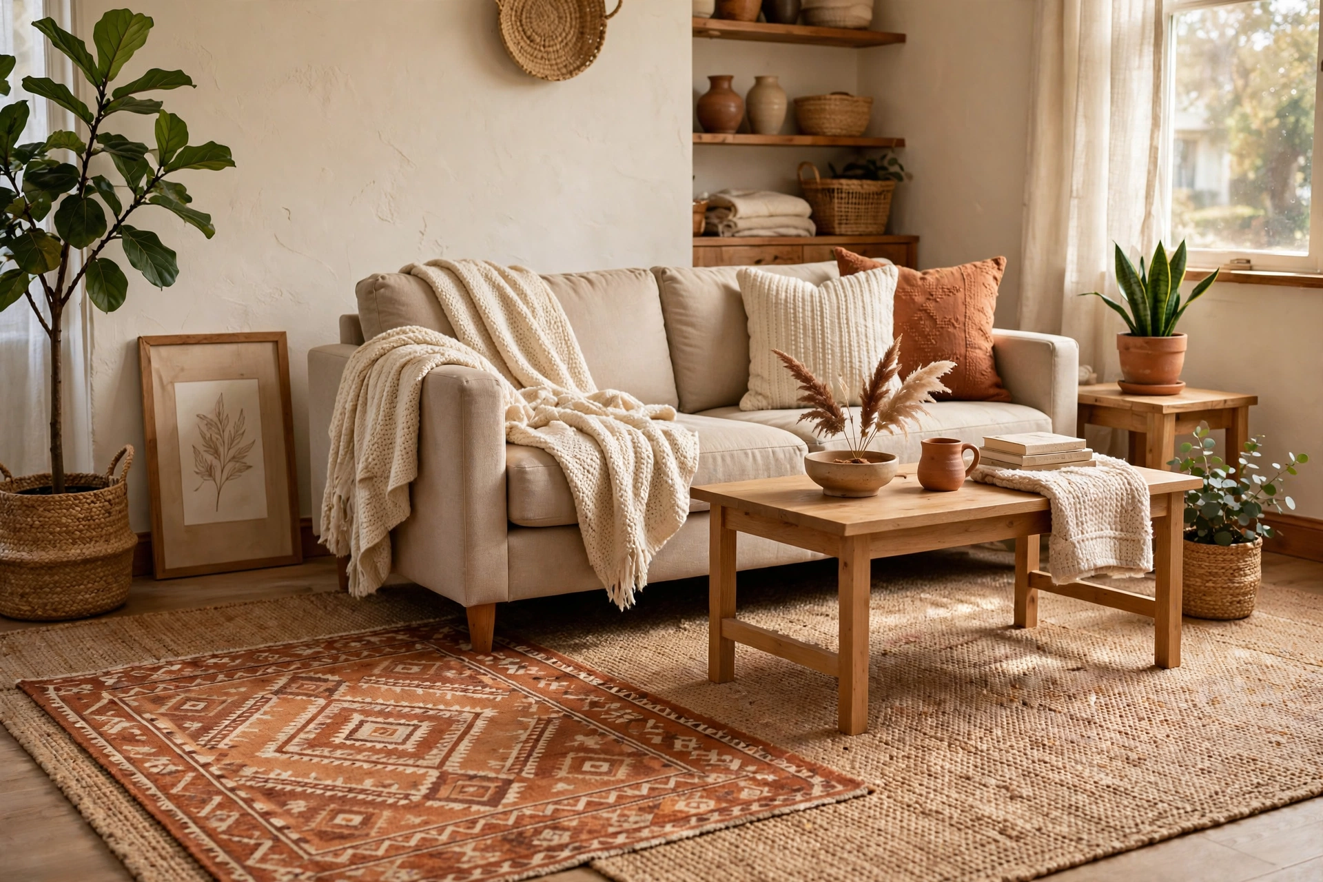 Layered living room rugs: a large jute flatweave with a smaller patterned rug angled on top