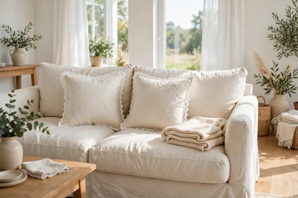 Cream sofa with two embroidered cushions trimmed in white lace
