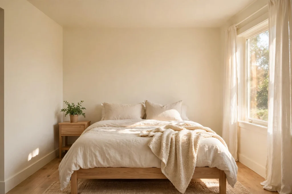 Bright small bedroom painted in one warm white with cozy layered bedding and natural wood furniture