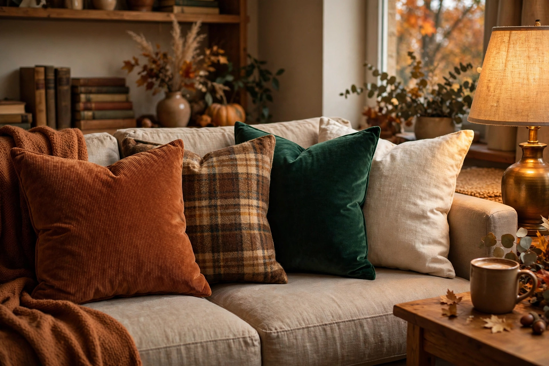Sofa with fall pillow covers in corduroy, plaid and emerald velvet