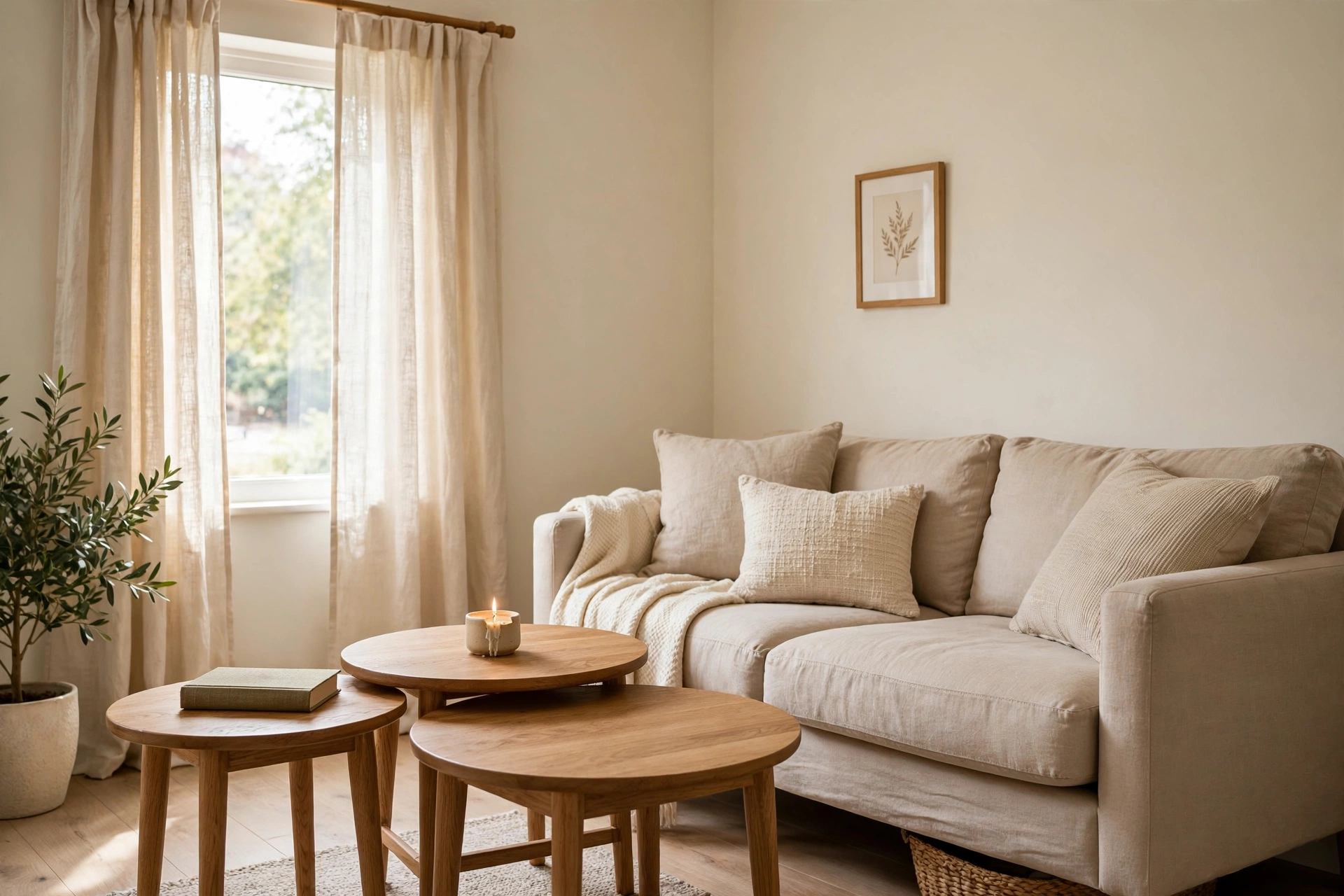 Three round wooden nesting tables beside a sofa, two pulled out with a candle and book
