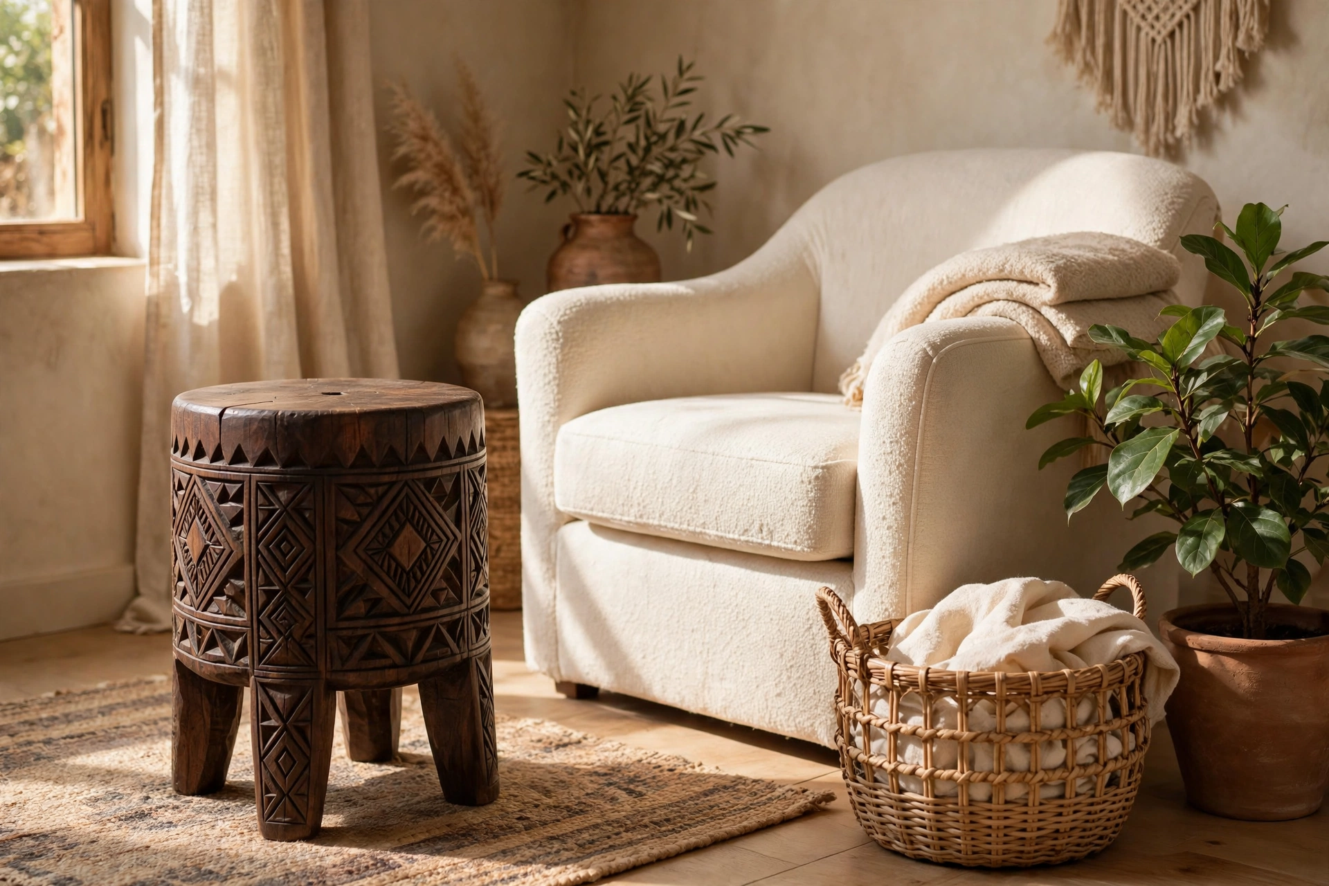Hand-carved dark wooden African-style stool beside a cream armchair