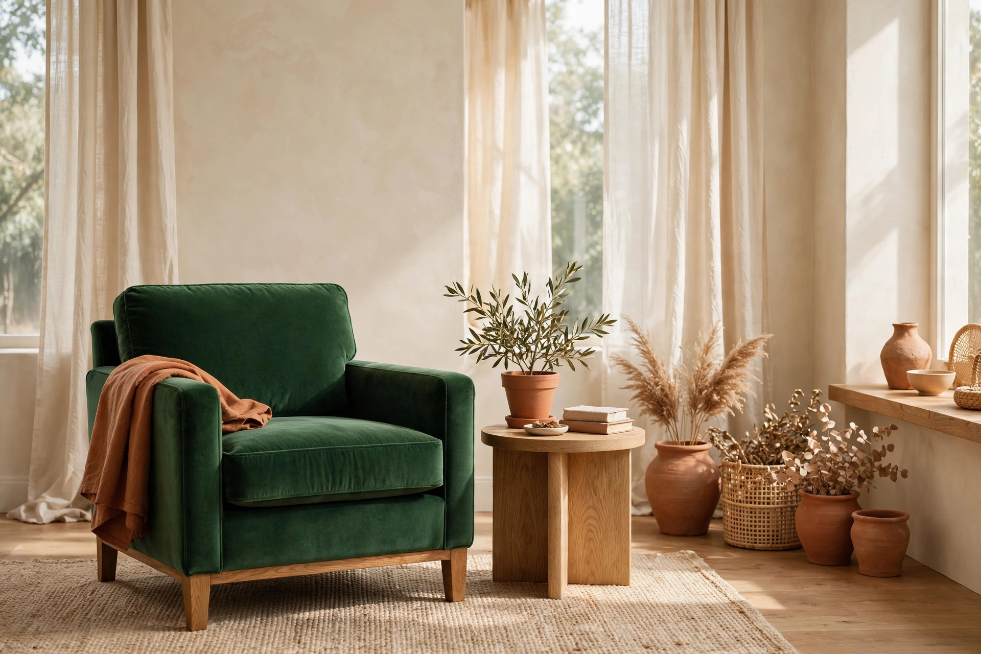 Neutral living room with a single emerald green velvet armchair