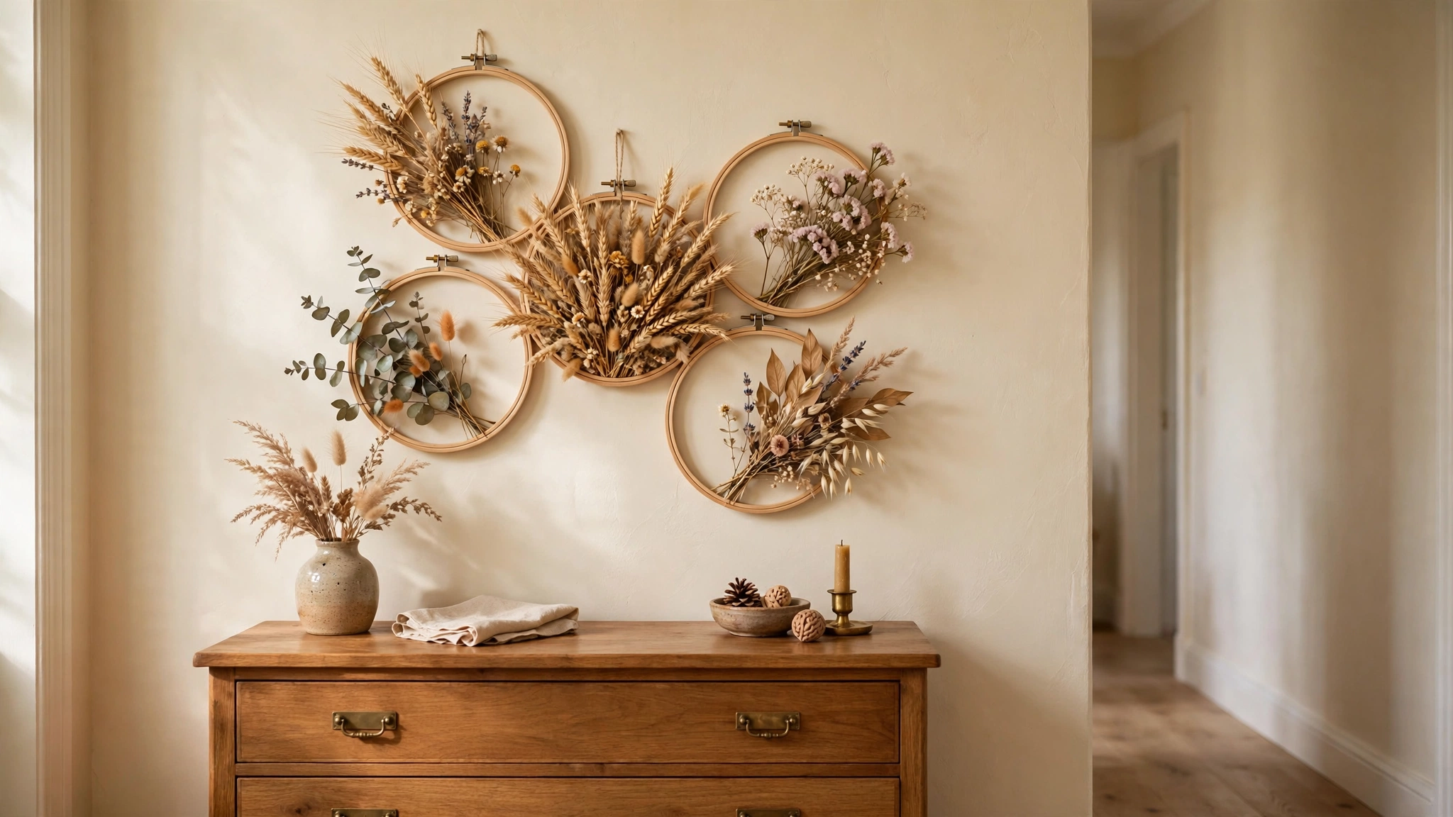 Wooden embroidery hoops with dried flowers hung on a hallway wall