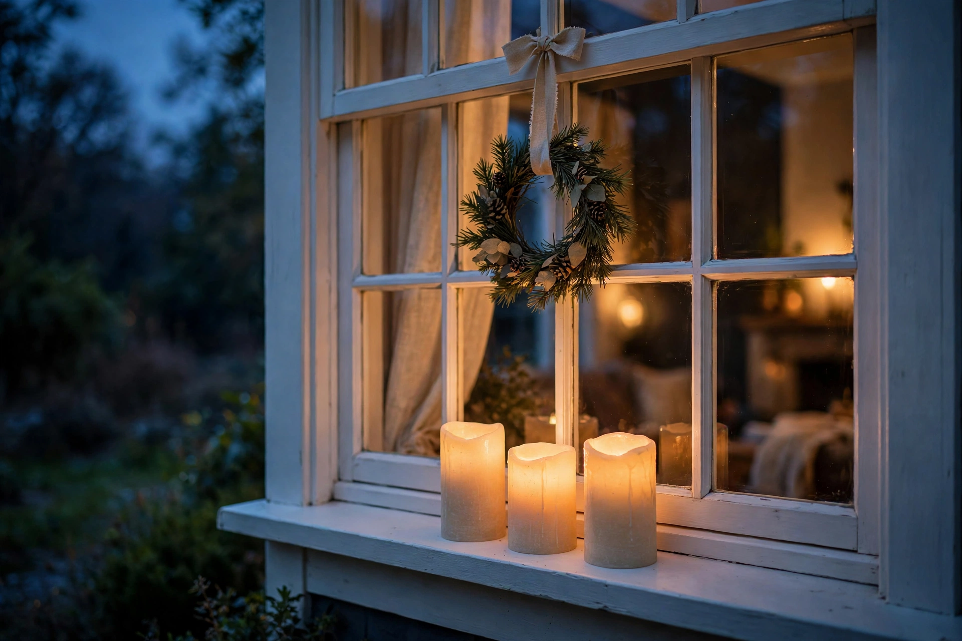 Window with glowing flameless pillar candles and small pine wreath at dusk