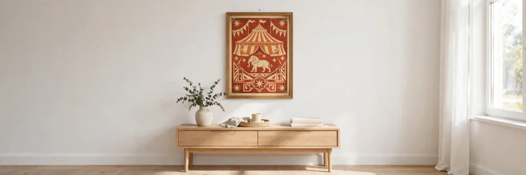 White wall with one framed vintage circus poster above a simple wooden console.