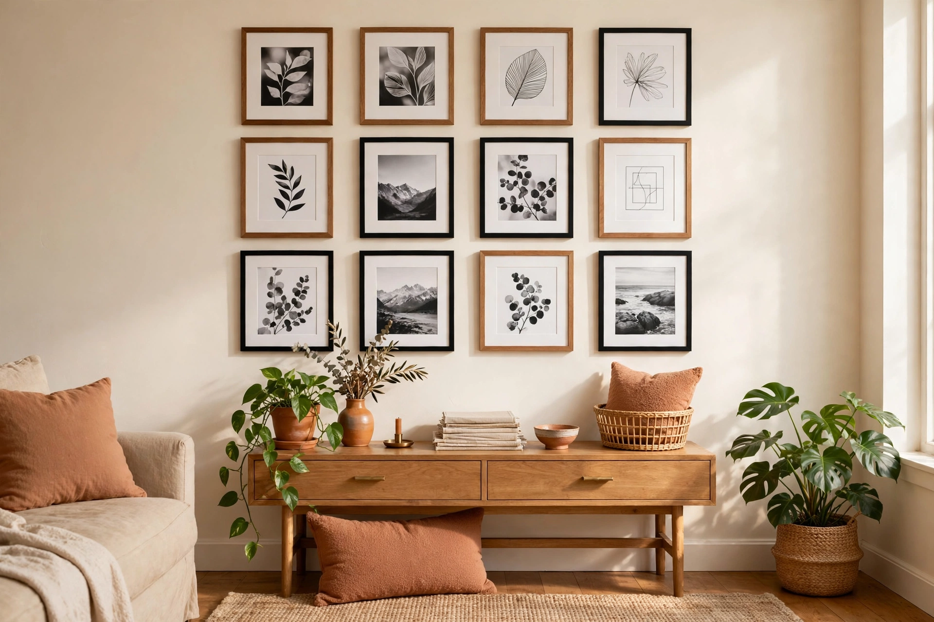 Tight gallery wall of mixed frames hung in an even grid above a console table
