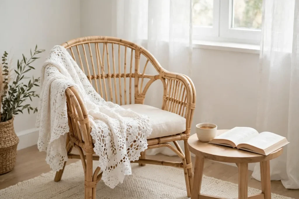 Rattan armchair with a white crochet lace throw draped over one arm
