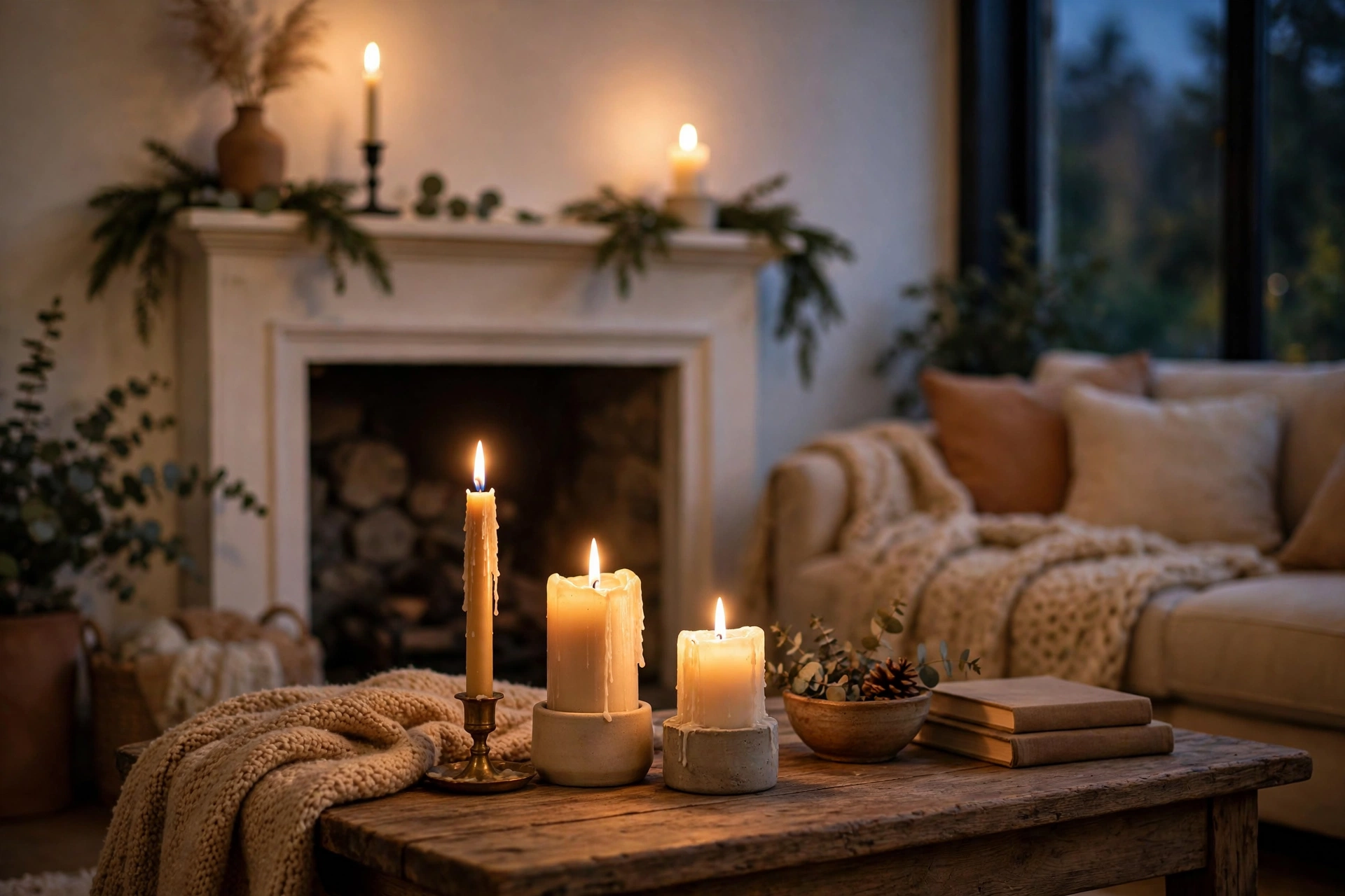 Evening living room with candles of different heights glowing on the coffee table and mantel