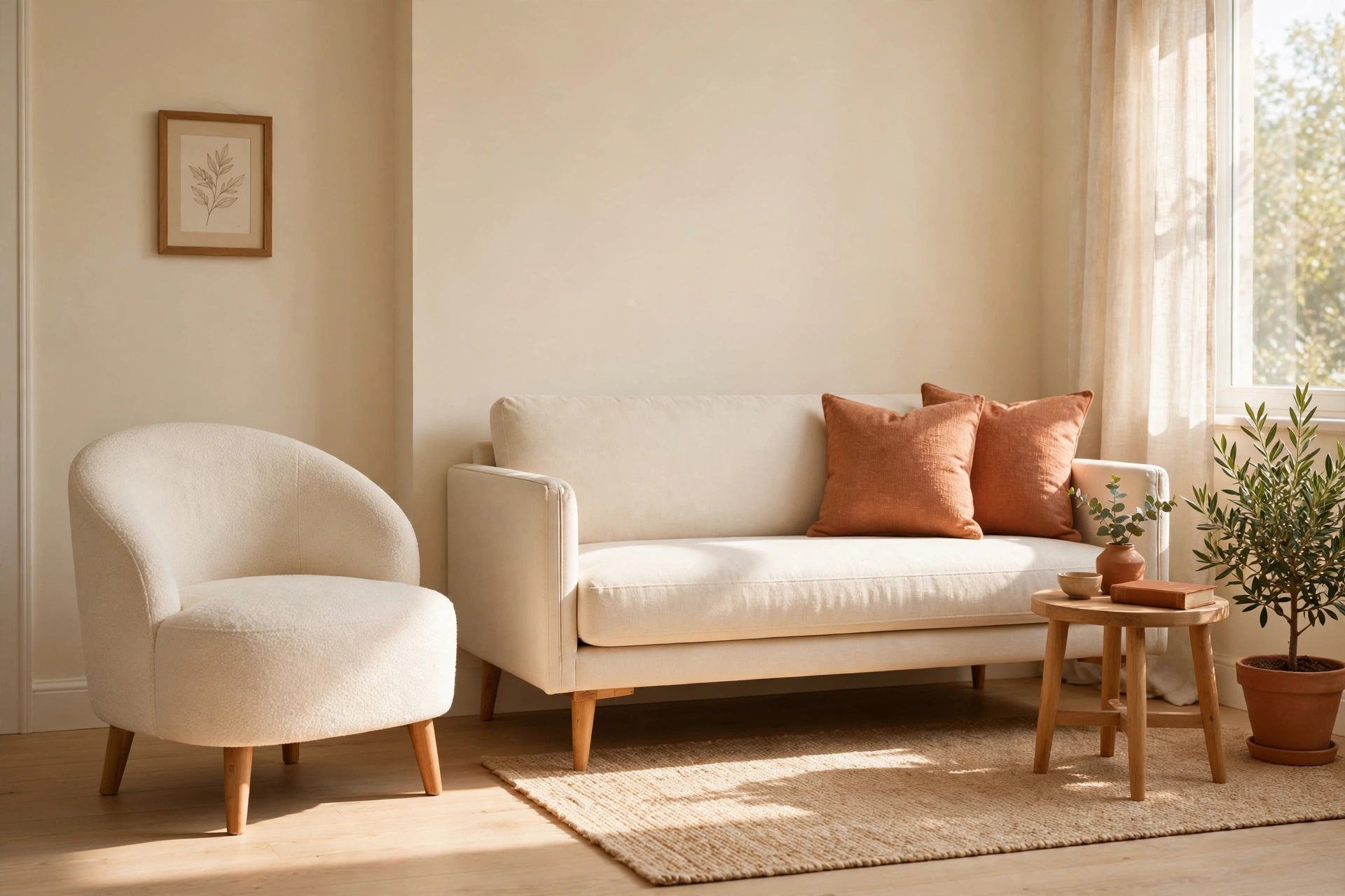 Armless slipper chair and low-profile sofa on visible wooden legs in a small living room