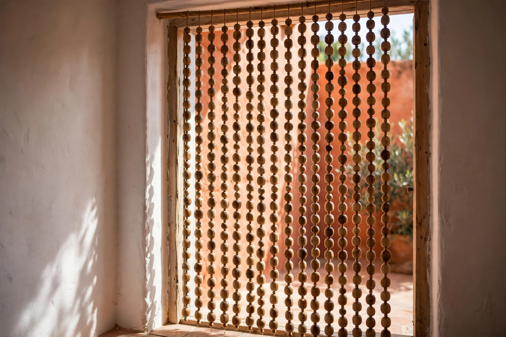 Bamboo beaded curtain with natural wooden beads in a sunny doorway