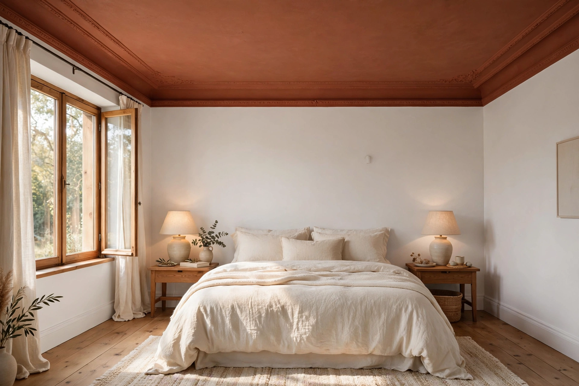 Bedroom with terracotta painted ceiling, white walls and decorative molding