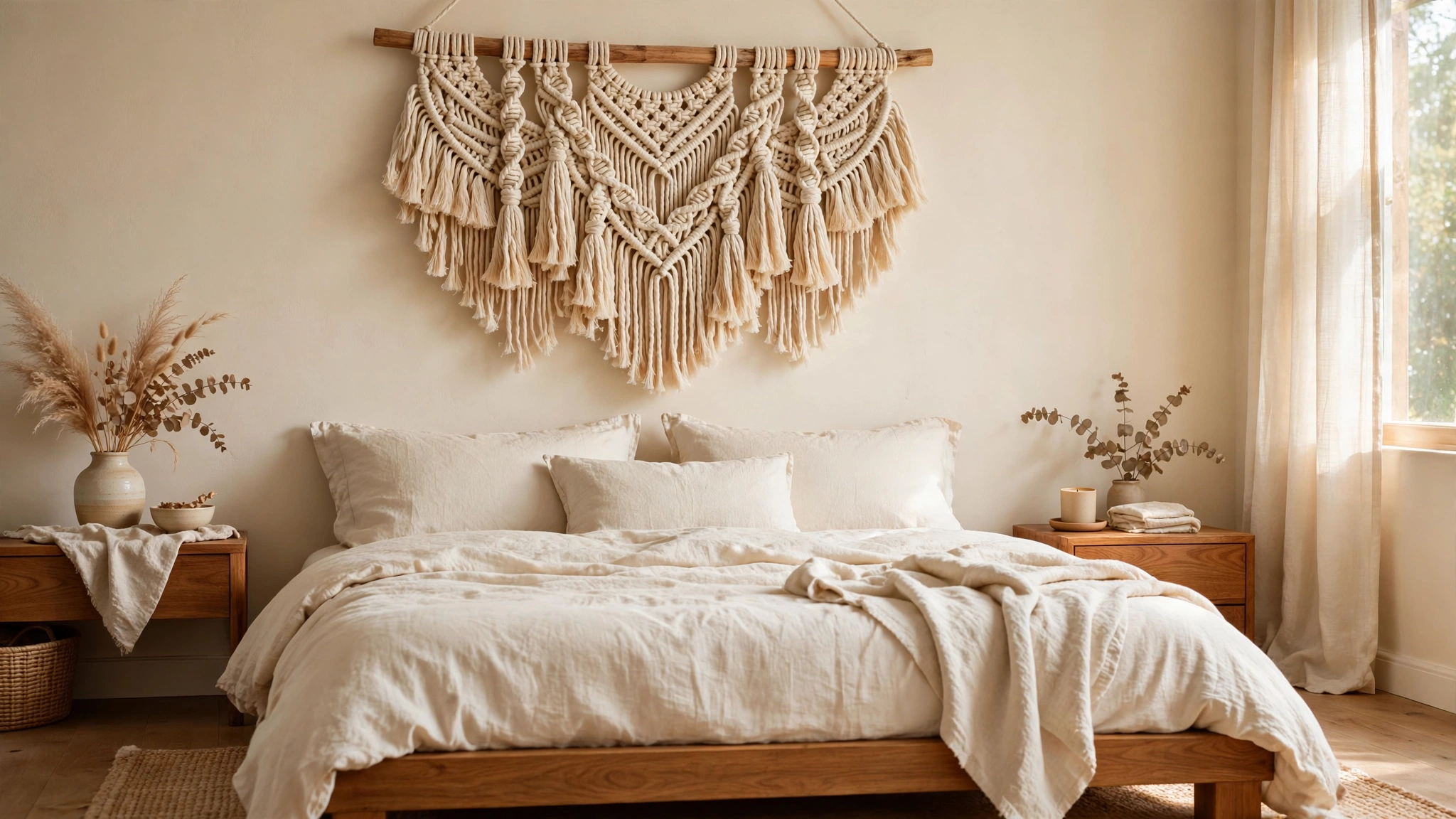 Cotton cord macramé wall hanging on a wooden dowel above a bed