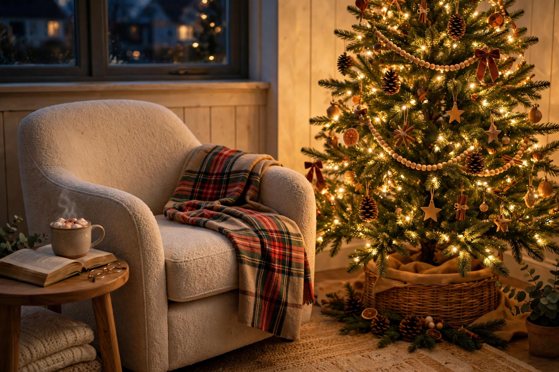 Cozy armchair reading nook beside a lit Christmas tree with throw blanket