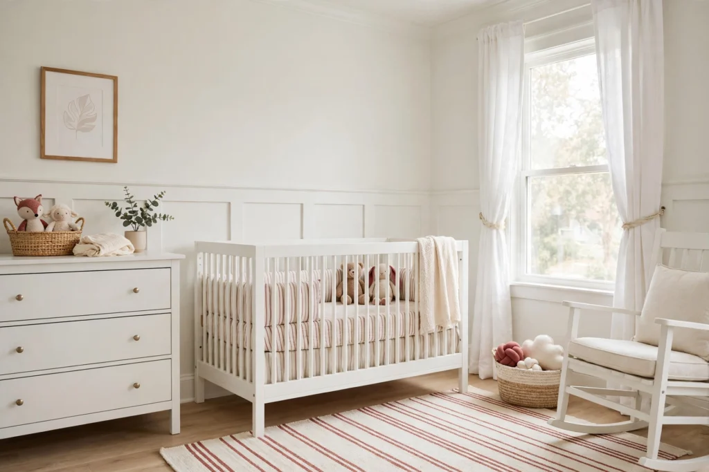 Tasteful white nursery with soft striped bedding, a striped rug, and plush toys.