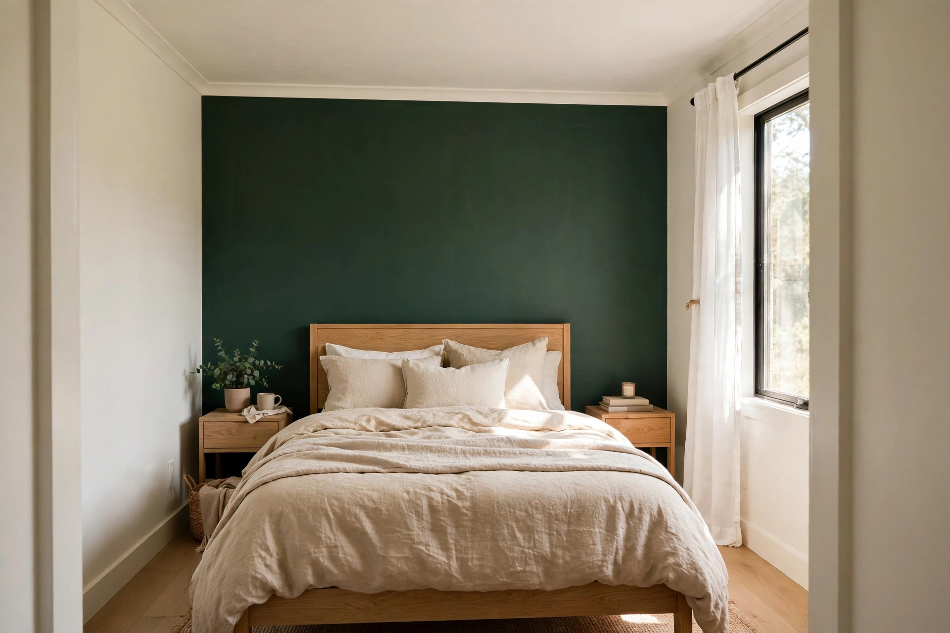 Deep green accent wall behind the headboard in an otherwise light small bedroom