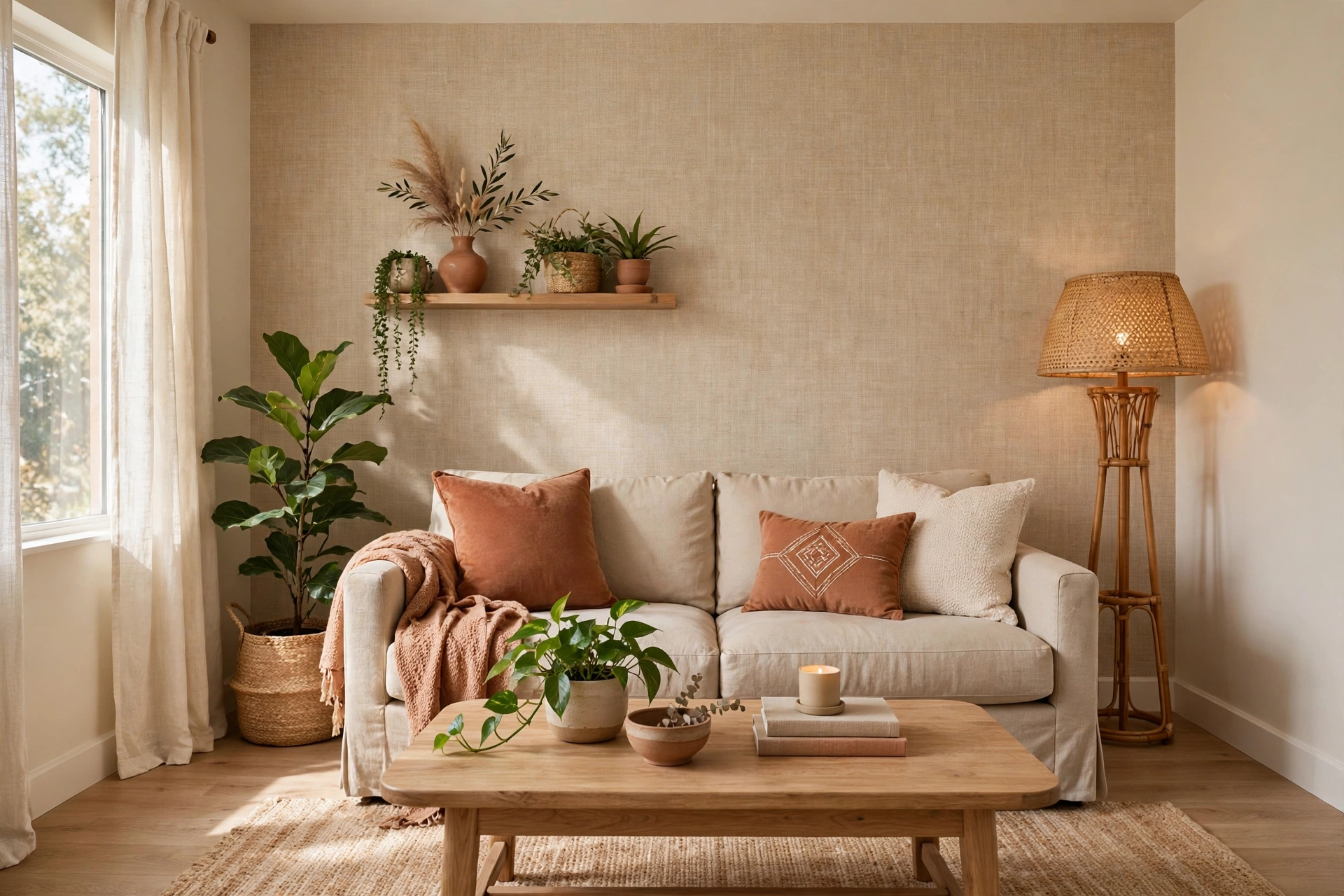 Grasscloth-textured peel-and-stick wallpaper accent wall behind a beige sofa
