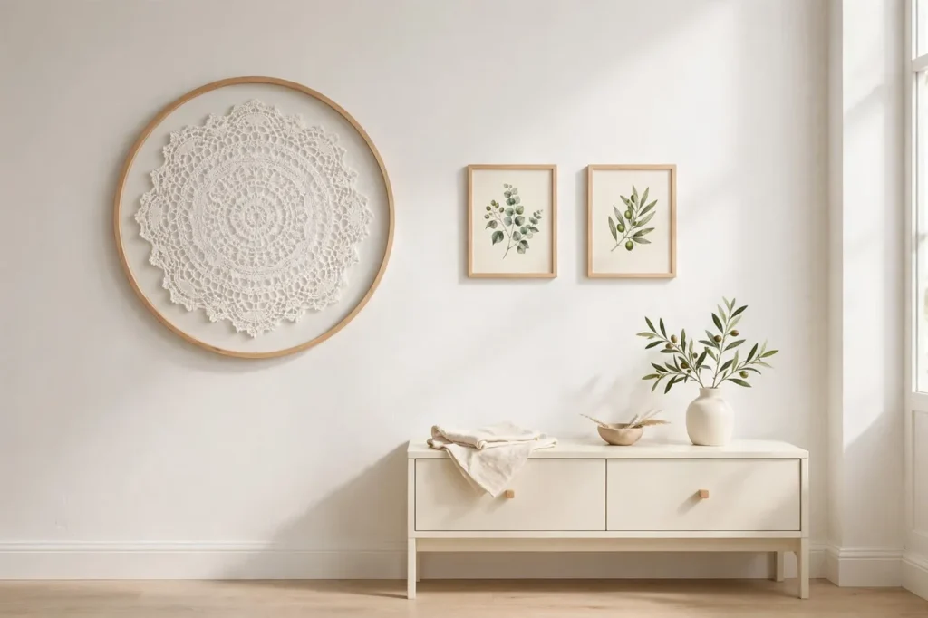 Round vintage lace doily in a light wood frame on a white wall beside botanical prints