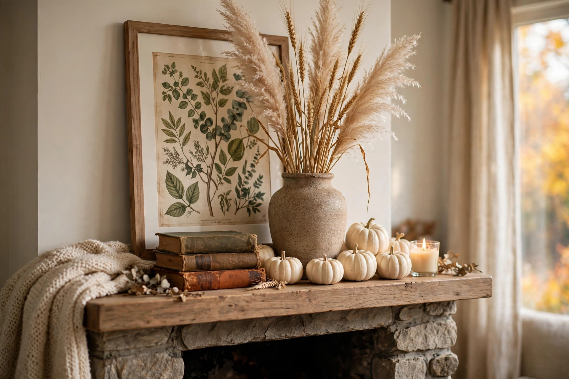 Fall mantel styled in three layers: framed print, tall wheat vase, mini pumpkins and a candle