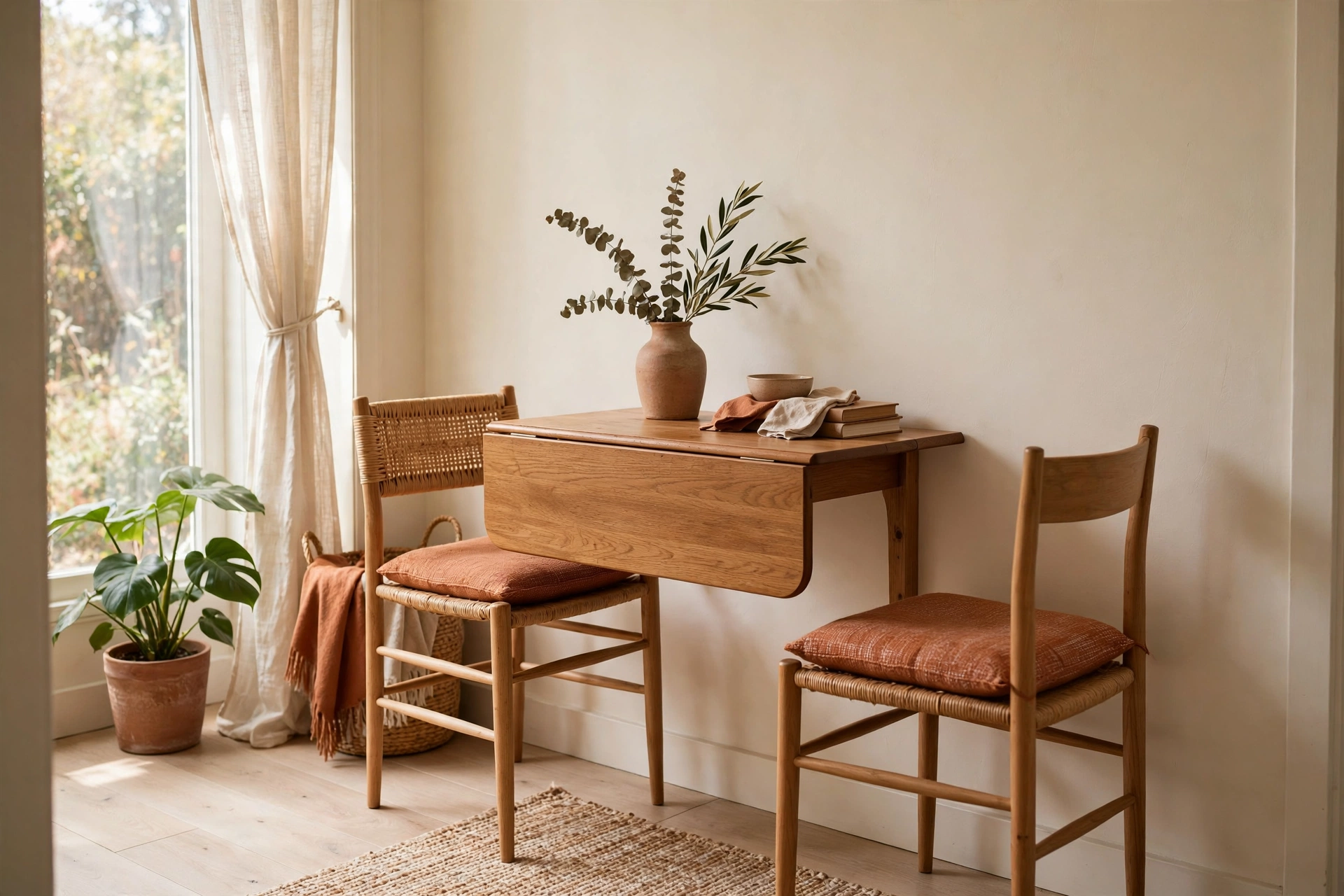 Drop-leaf dining table folded down and tucked against a wall as a slim console