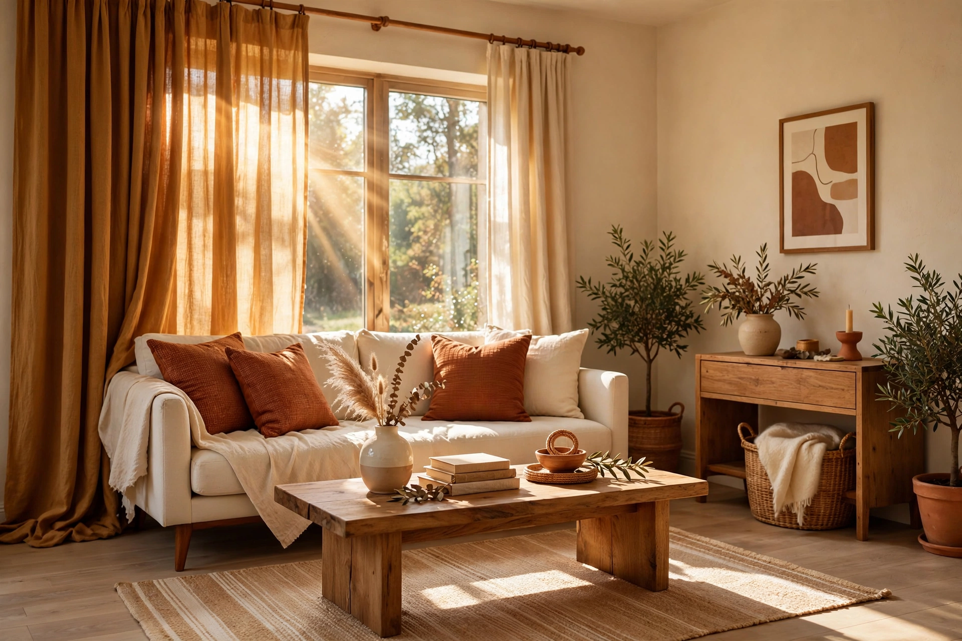 Warm living room in ochre, rust and cream palette with sunlight streaming in
