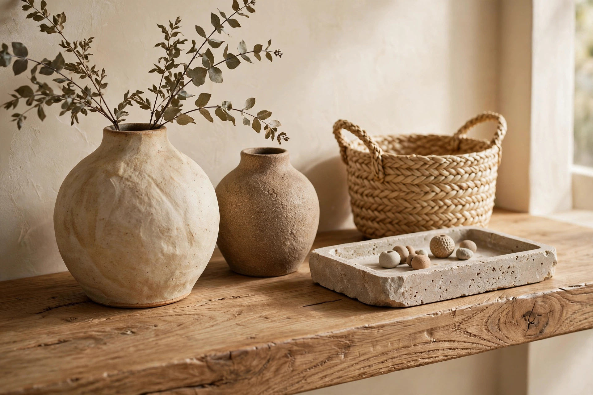 Styled shelf with ceramic vases, woven basket, stone tray and visible wood grain