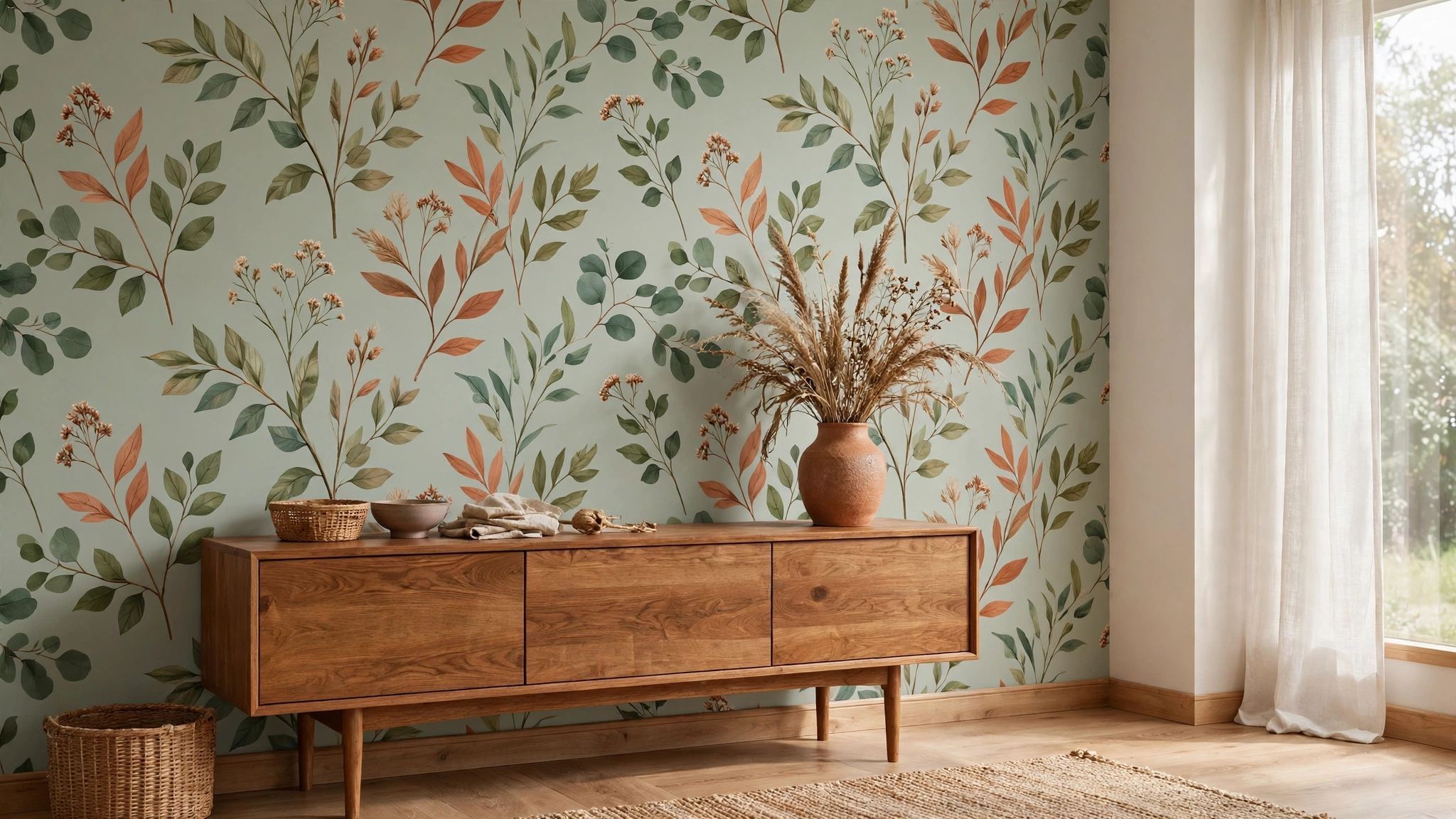 Botanical peel-and-stick wallpaper accent wall in a cozy living room