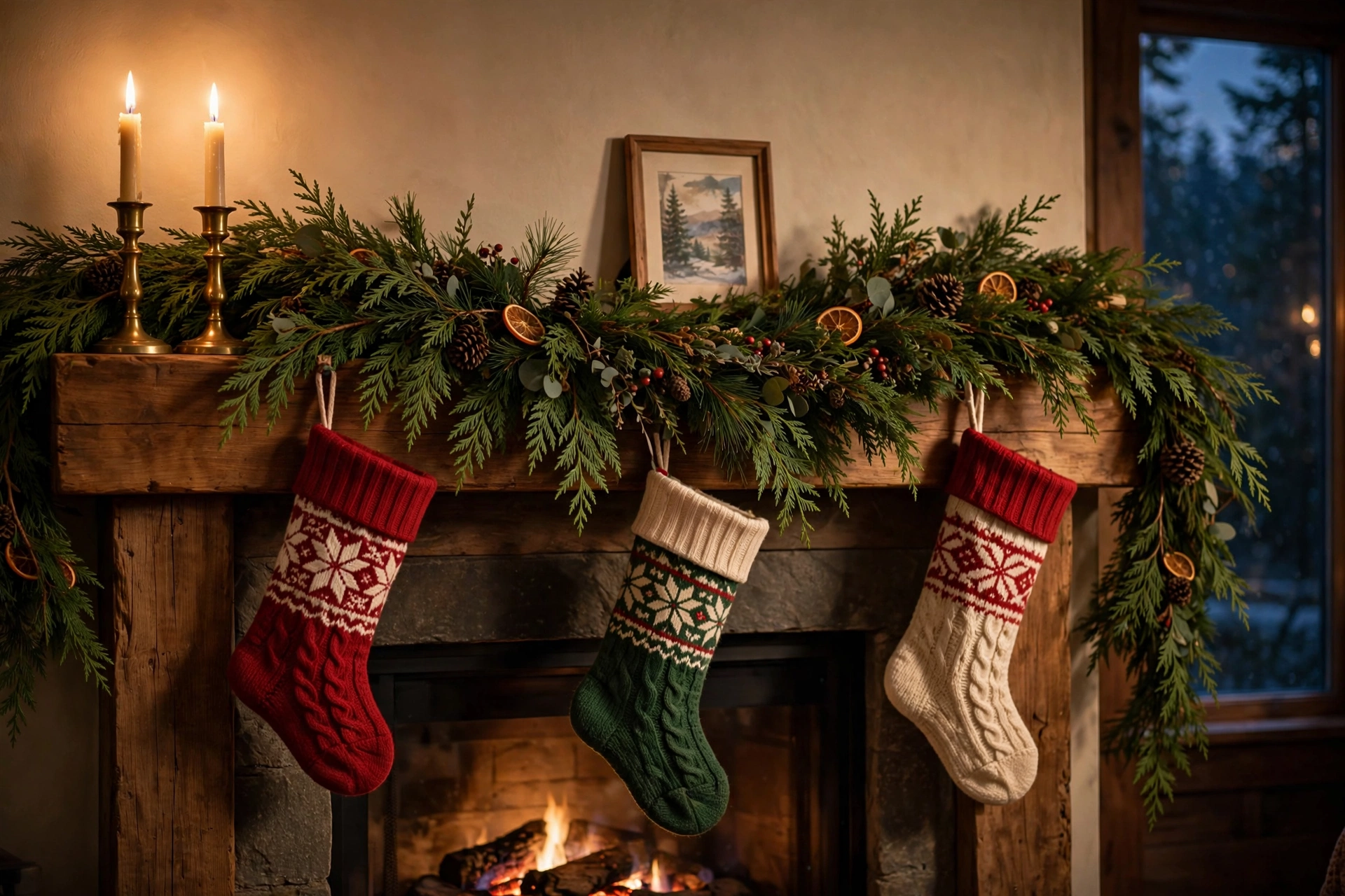 Fireplace mantel with swagged cedar garland, stockings and brass candlesticks