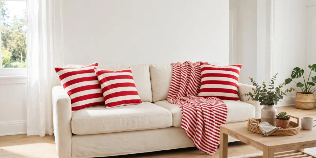 Plain sofa with bold striped cushions and a striped throw in a bright living room.
