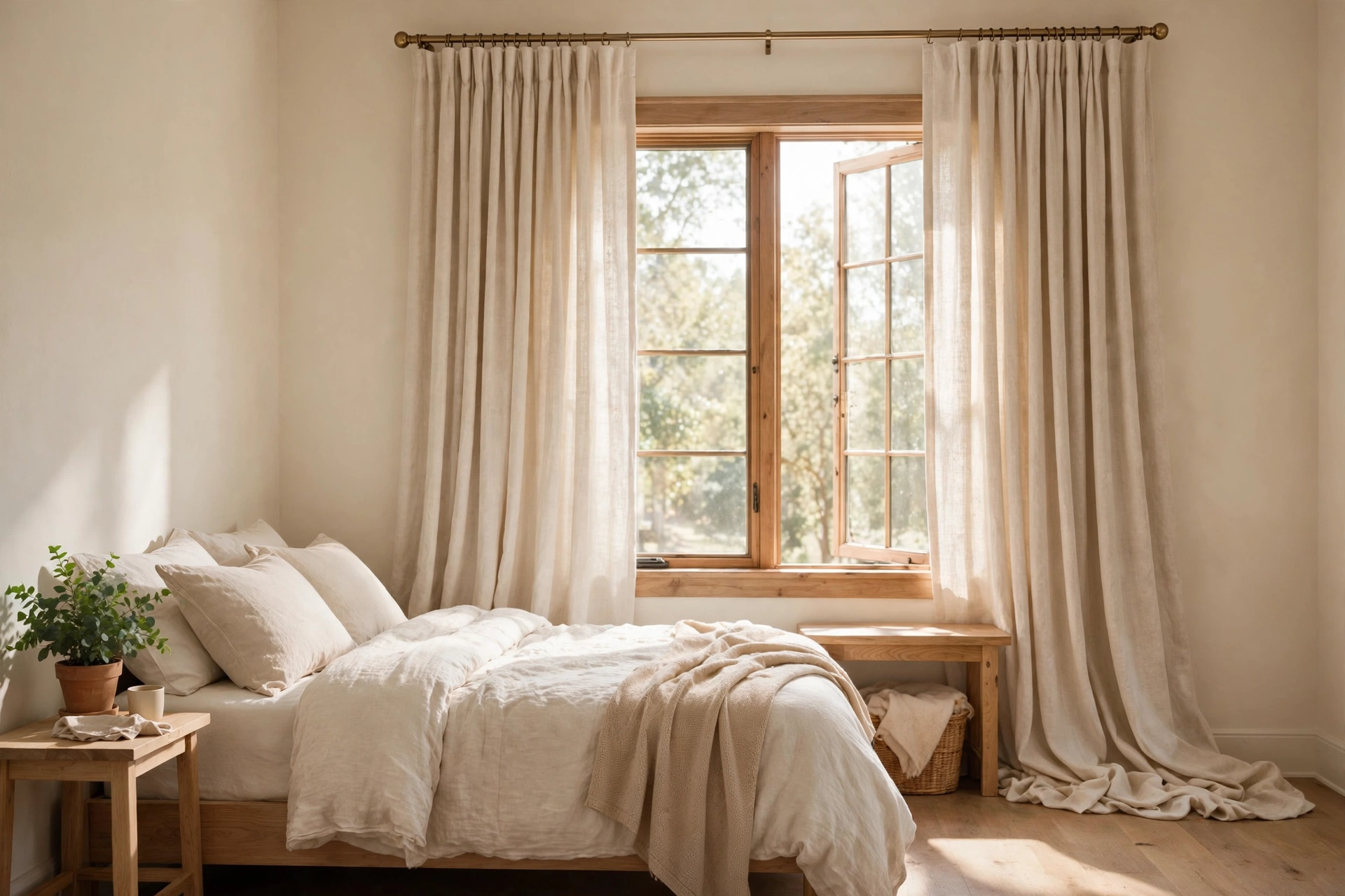 Floor-length linen curtains hung high and wide above a bedroom window